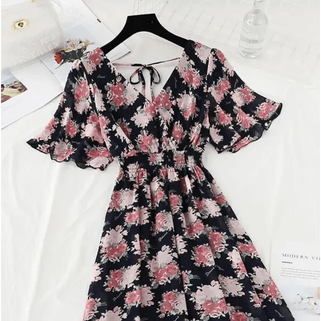 Floral Ruffled Chiffon Midi Dress - V-Neck Boho Summer Beach Dress