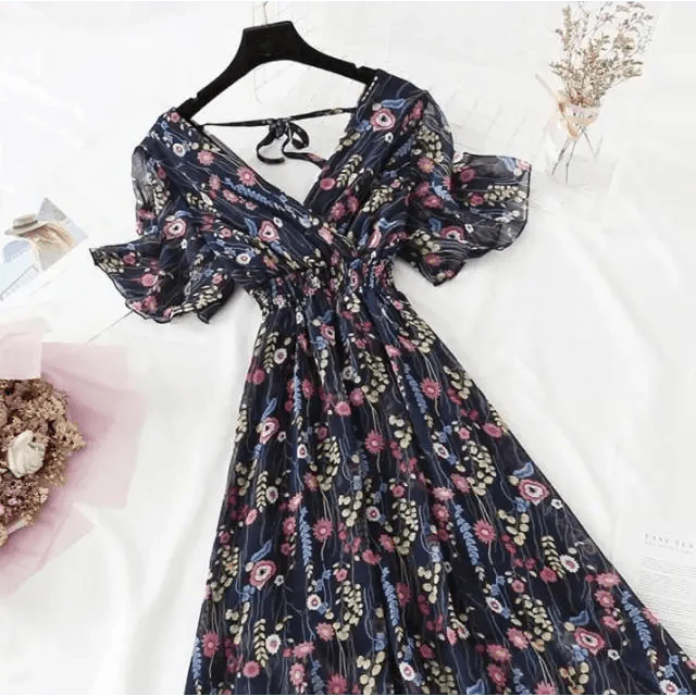 Floral Ruffled Chiffon Midi Dress - V-Neck Boho Summer Beach Dress