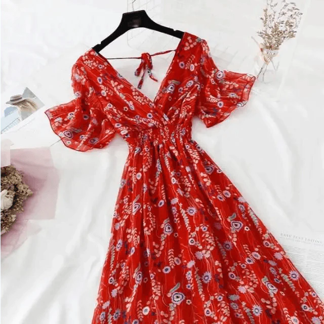 Floral Ruffled Chiffon Midi Dress - V-Neck Boho Summer Beach Dress
