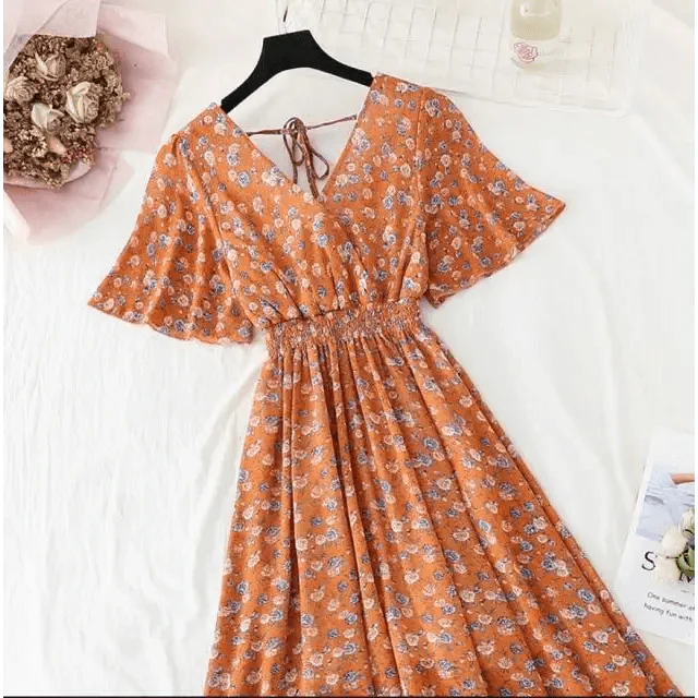 Floral Ruffled Chiffon Midi Dress - V-Neck Boho Summer Beach Dress