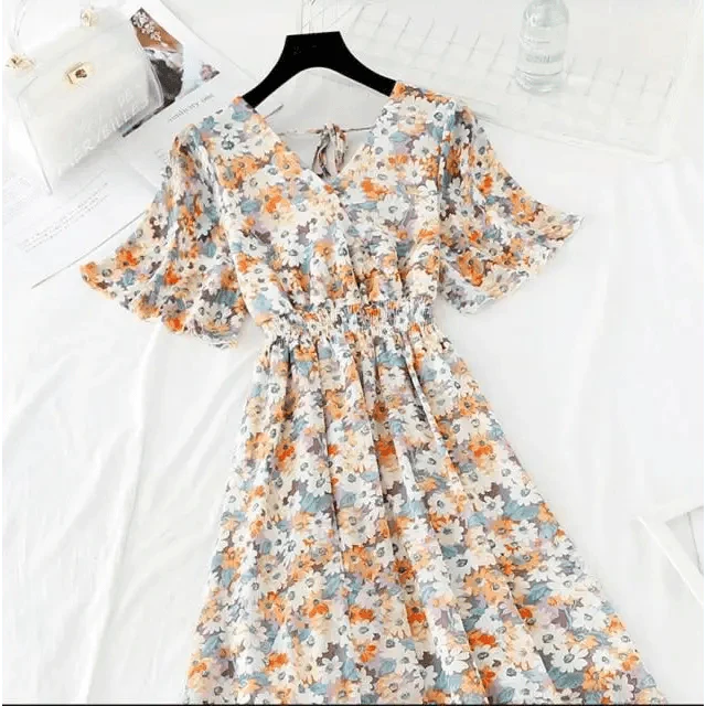 Floral Ruffled Chiffon Midi Dress - V-Neck Boho Summer Beach Dress