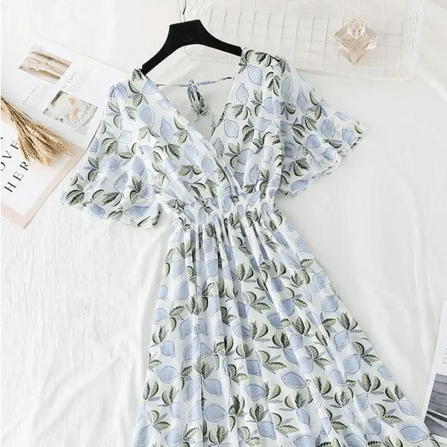 Floral Ruffled Chiffon Midi Dress - V-Neck Boho Summer Beach Dress