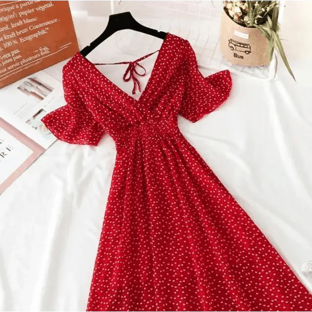 Floral Ruffled Chiffon Midi Dress - V-Neck Boho Summer Beach Dress