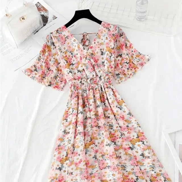 Floral Ruffled Chiffon Midi Dress - V-Neck Boho Summer Beach Dress