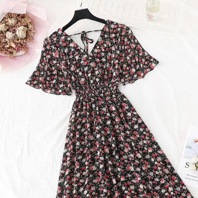 Floral Ruffled Chiffon Midi Dress - V-Neck Boho Summer Beach Dress