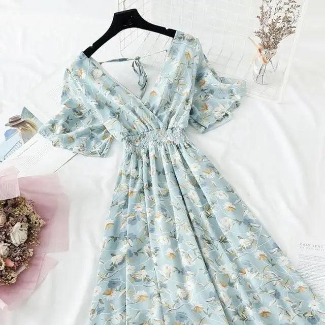 Floral Ruffled Chiffon Midi Dress - V-Neck Boho Summer Beach Dress