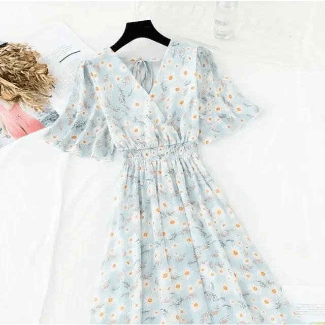 Floral Ruffled Chiffon Midi Dress - V-Neck Boho Summer Beach Dress