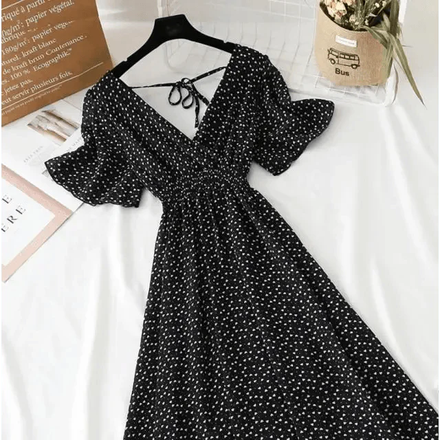Floral Ruffled Chiffon Midi Dress - V-Neck Boho Summer Beach Dress