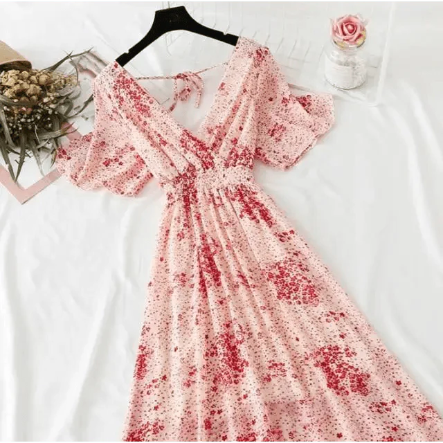 Floral Ruffled Chiffon Midi Dress - V-Neck Boho Summer Beach Dress