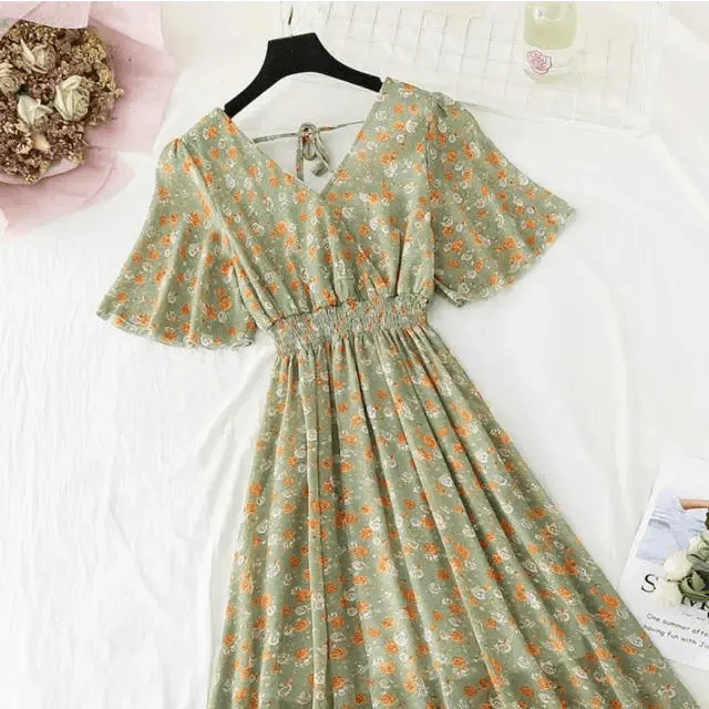 Floral Ruffled Chiffon Midi Dress - V-Neck Boho Summer Beach Dress