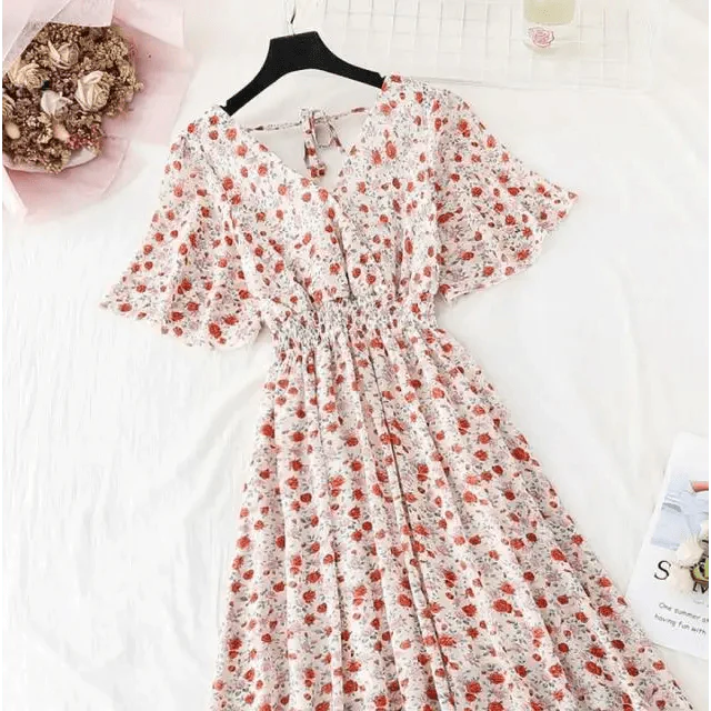 Floral Ruffled Chiffon Midi Dress - V-Neck Boho Summer Beach Dress