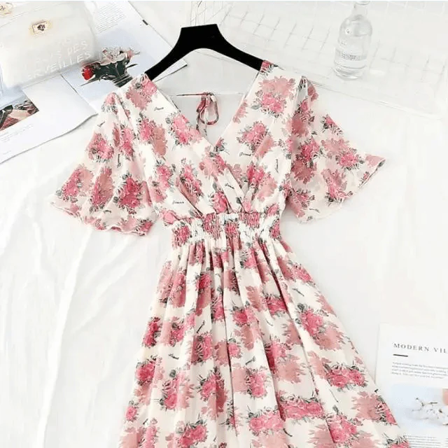 Floral Ruffled Chiffon Midi Dress - V-Neck Boho Summer Beach Dress