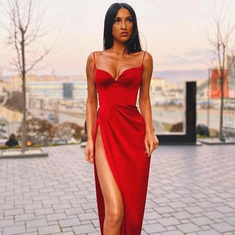 Women’s Satin Bodycon Spaghetti Strap Midi Dress Vintage Party