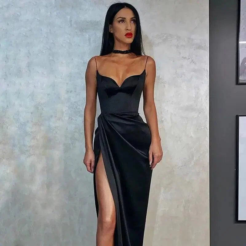 Women’s Satin Bodycon Spaghetti Strap Midi Dress Vintage Party
