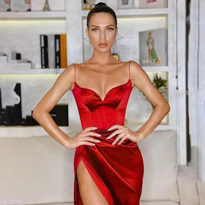Women’s Satin Bodycon Spaghetti Strap Midi Dress Vintage Party