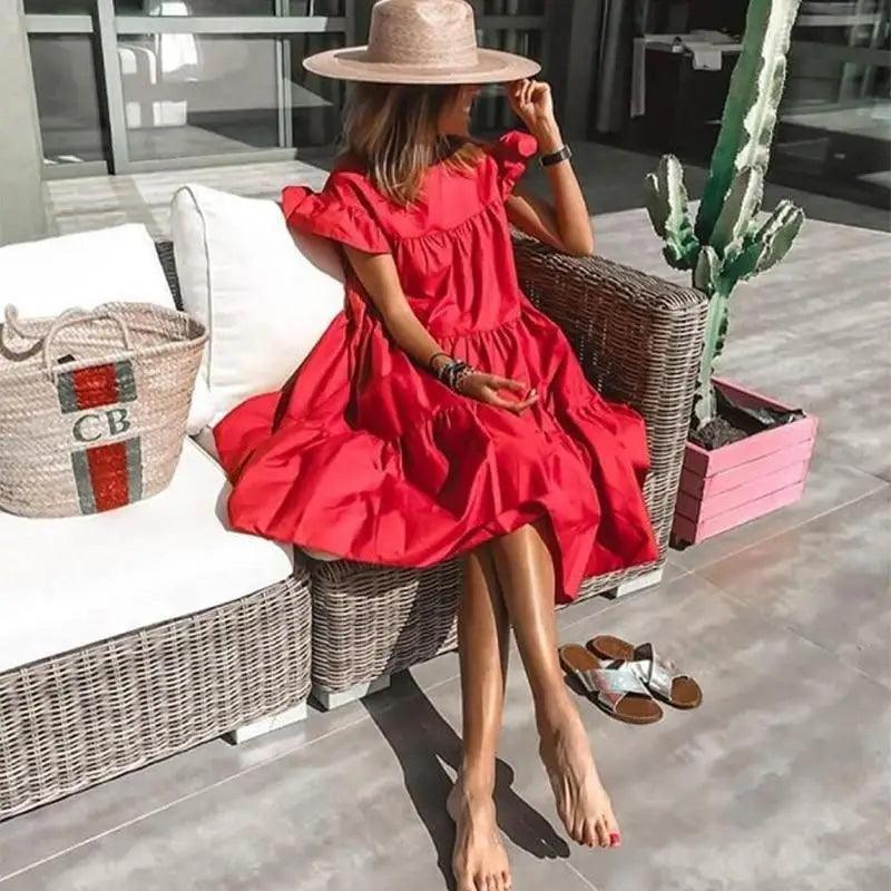 Retro-style round neck short sleeve dress available in multiple vibrant colors.