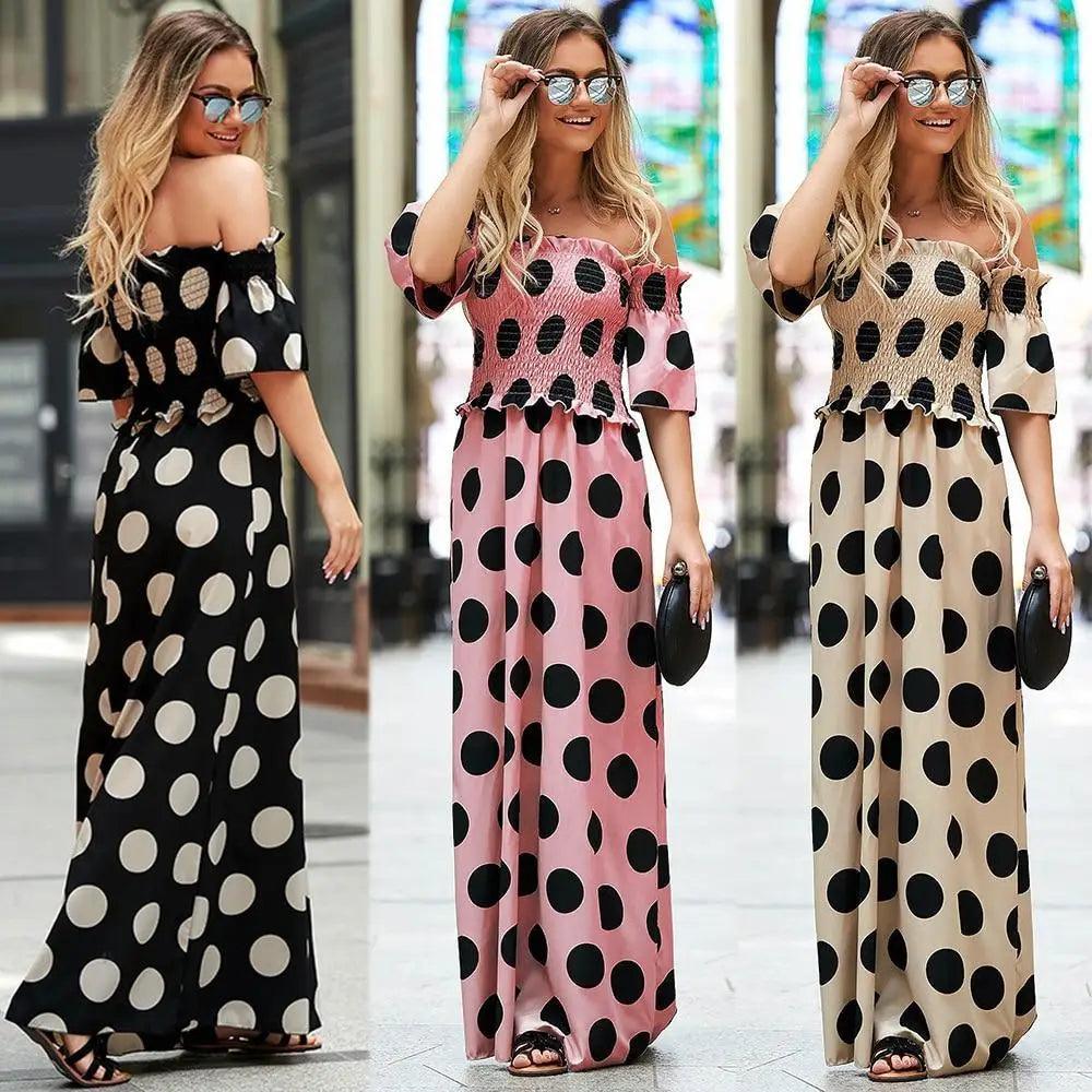 A-line one-shoulder dress featuring a polka dot pattern in black, pink, and beige