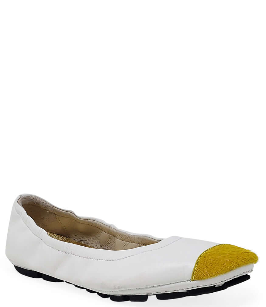 White Leather Ballet Flats with Yellow Calf Hair Toe Detail - Image 2
