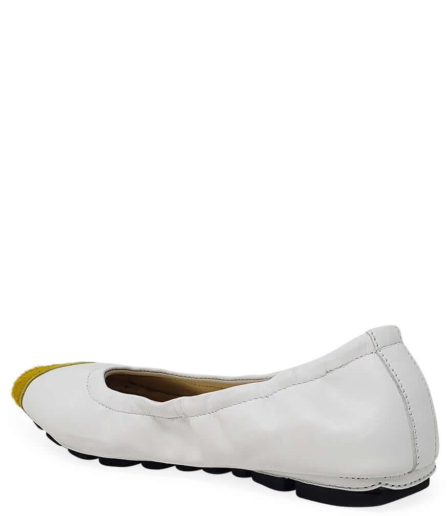 White Leather Ballet Flats with Yellow Calf Hair Toe Detail - Image 3
