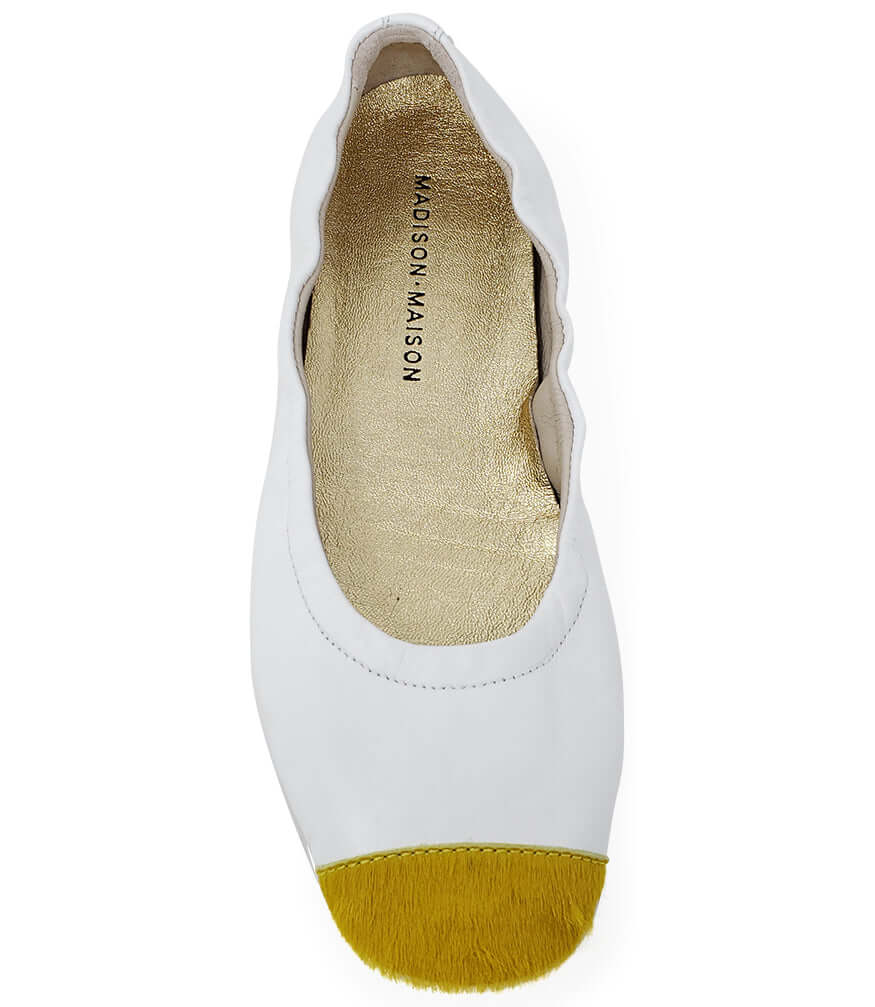 White Leather Ballet Flats with Yellow Calf Hair Toe Detail - Image 4