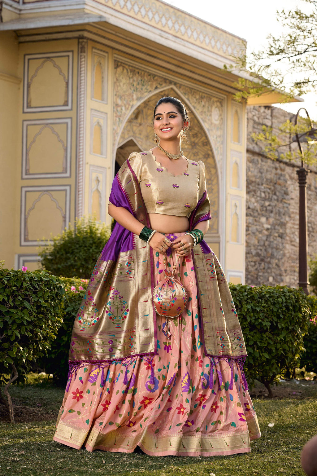 Peach Jacquard Silk lehenga with Paithani-inspired Zari weaving work