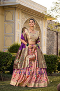 Peach Jacquard Silk lehenga with Paithani-inspired Zari weaving work