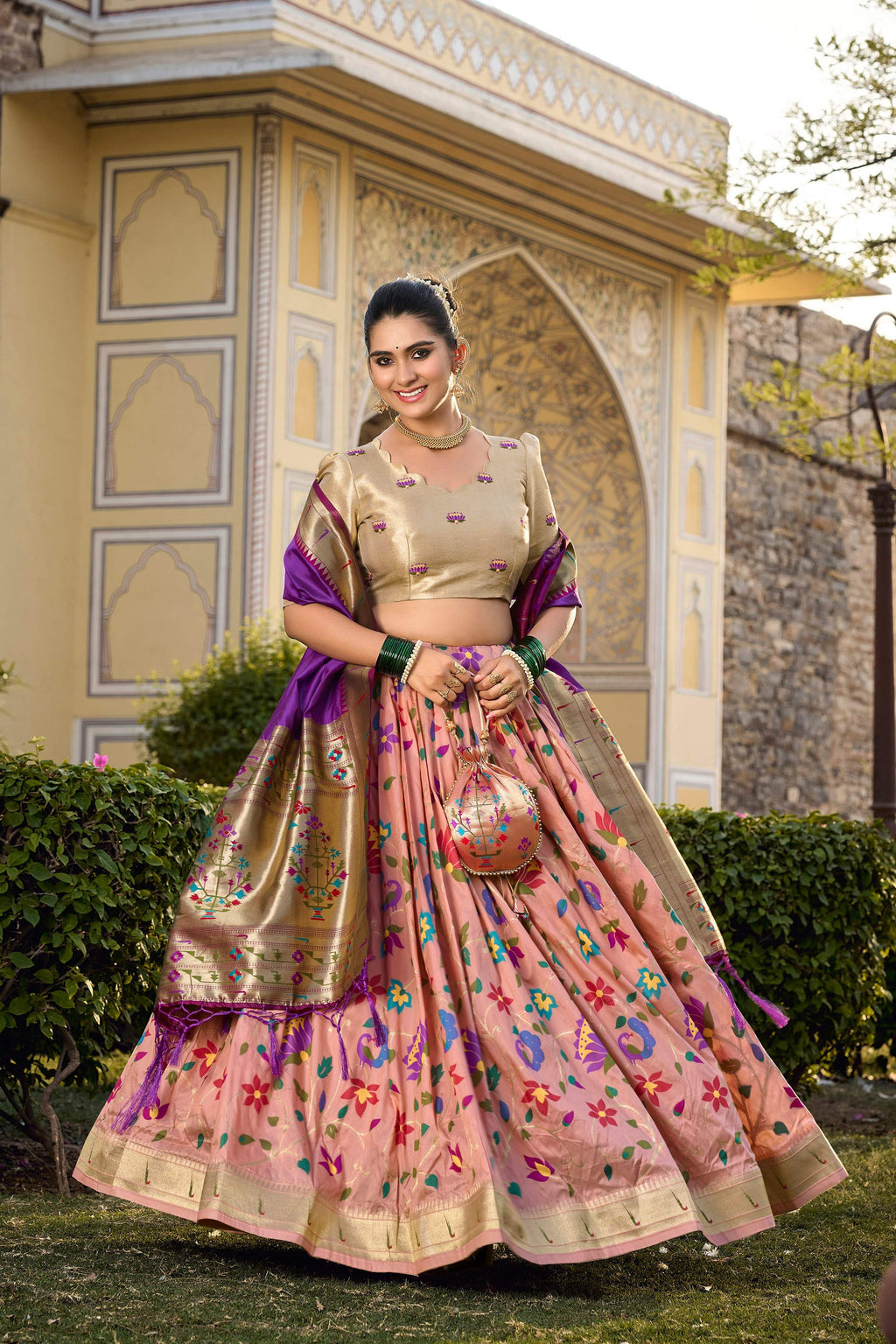 Peach Jacquard Silk Paithani Zari Work Lehenga Choli
