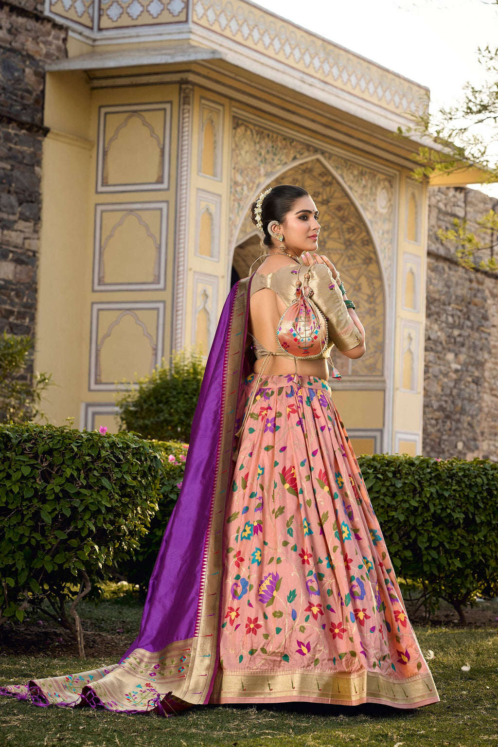 Peach Jacquard Silk Paithani Zari Work Lehenga Choli