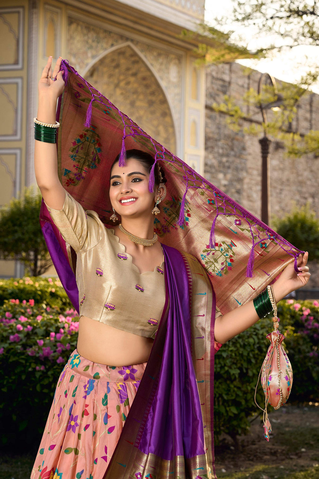 Peach Jacquard Silk Paithani Zari Work Lehenga Choli