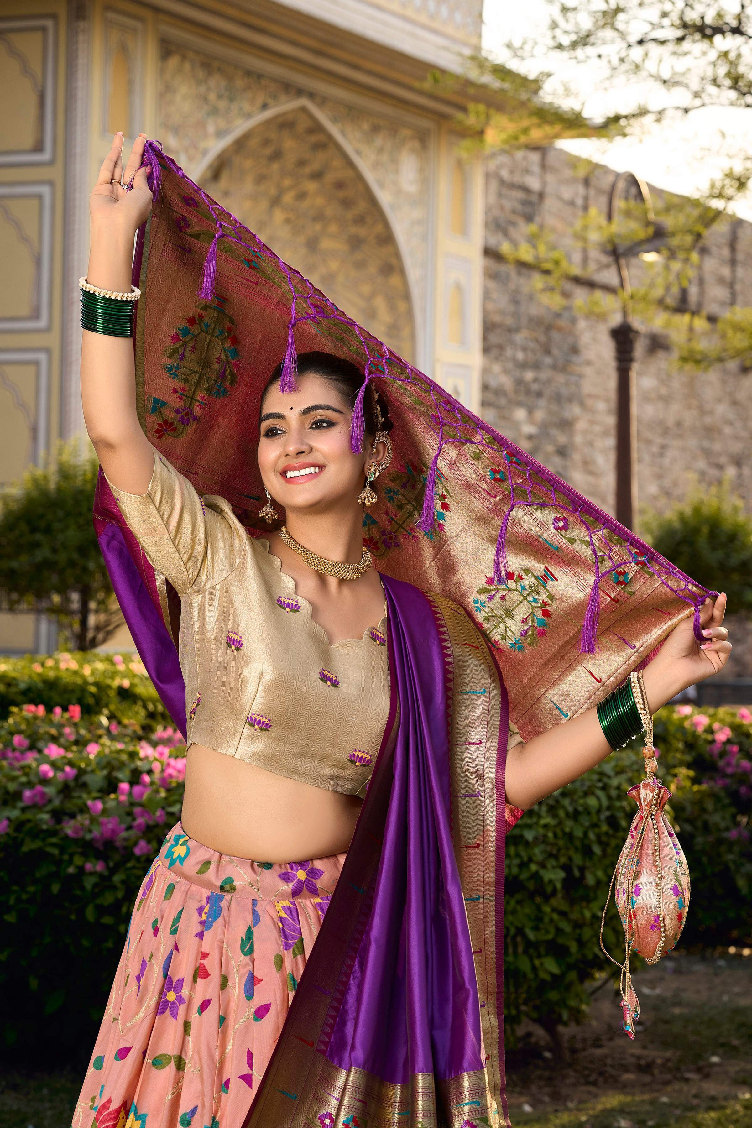 Peach Jacquard Silk Paithani Zari Work Lehenga Choli
