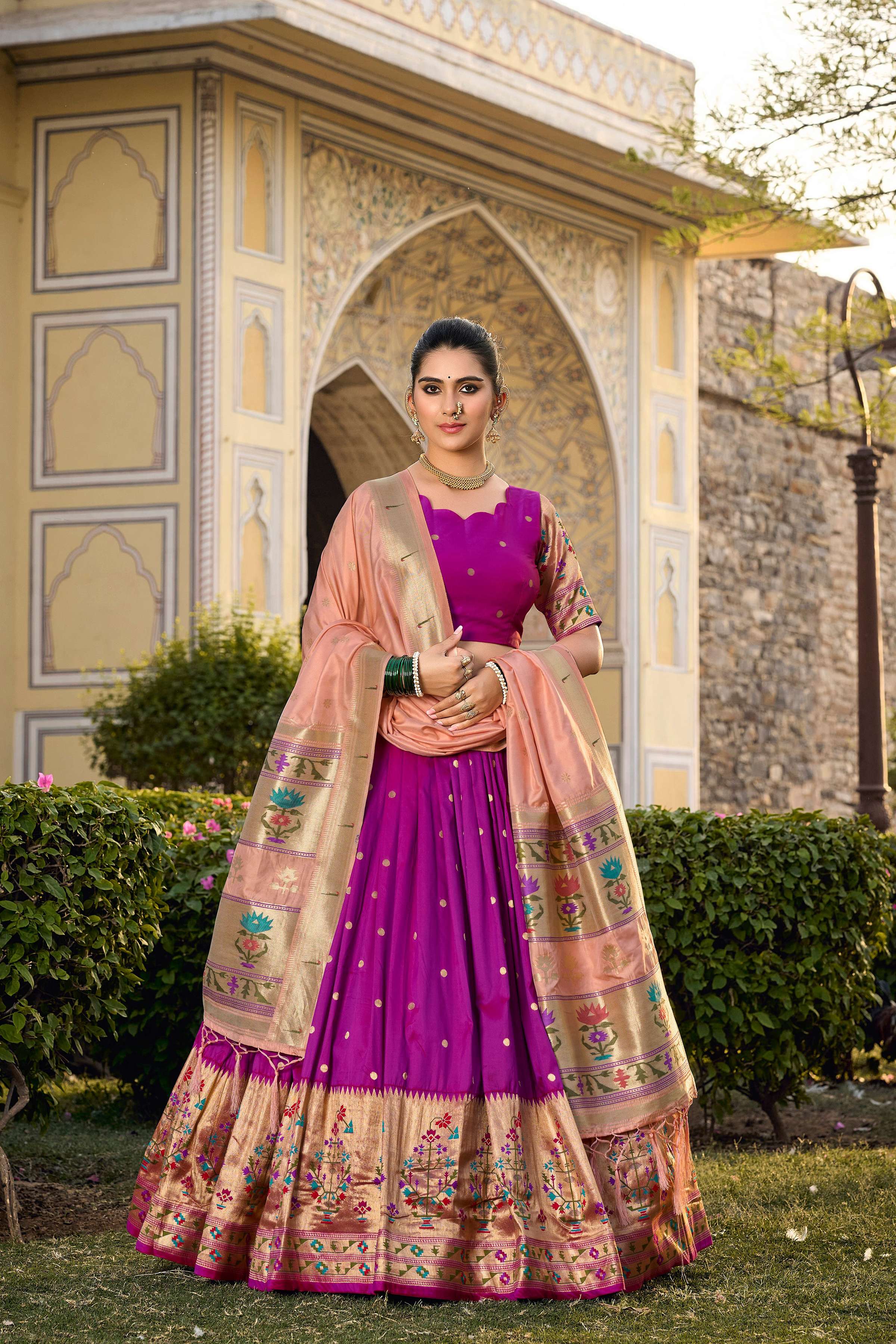 Purple Jacquard Silk lehenga choli featuring intricate Paithani Zari weaving work