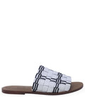 Madison Maison woven leather slide sandals in white and black, open-toe design, side and front view.