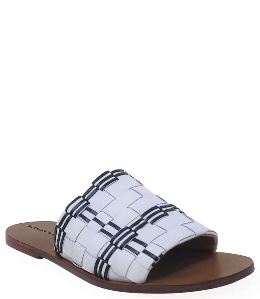 Woven Leather Open Toe Slide Sandals in White and Black - Image 3