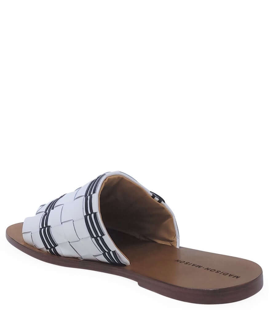 Woven Leather Open Toe Slide Sandals in White and Black - Image 4