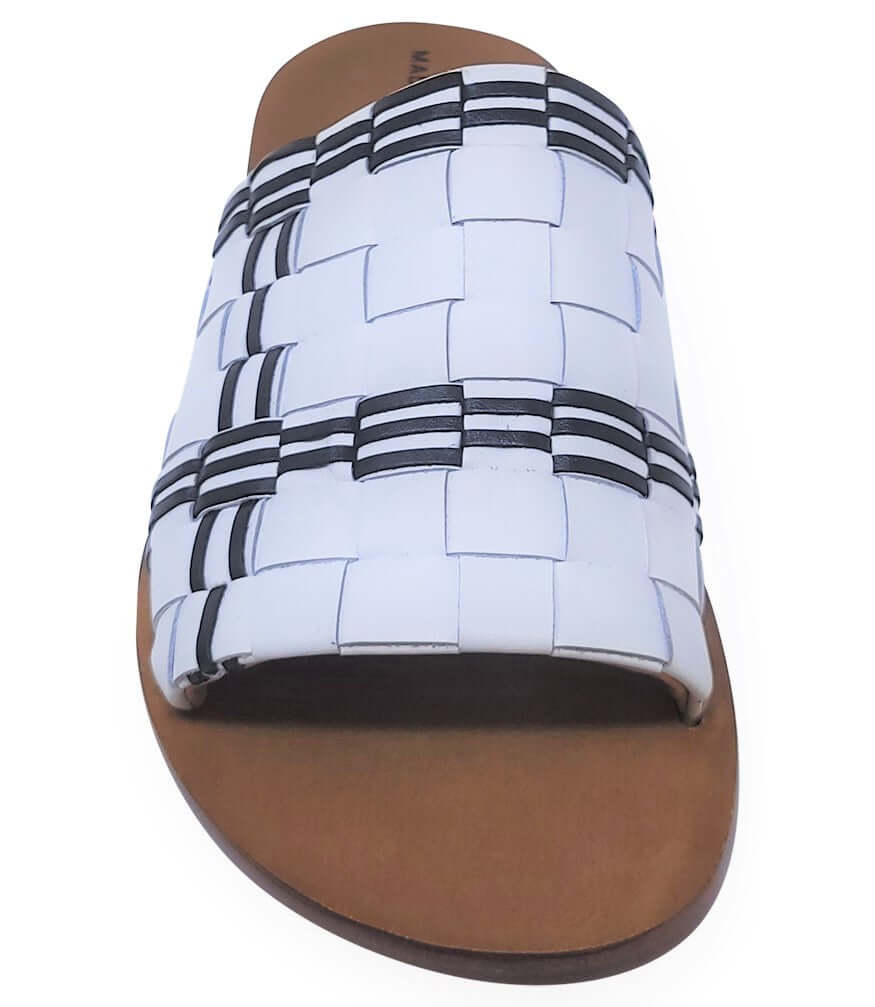Woven Leather Open Toe Slide Sandals in White and Black - Image 2