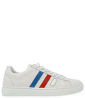 Side view of a white leather sneaker for women with blue and red stripe detail and white laces.