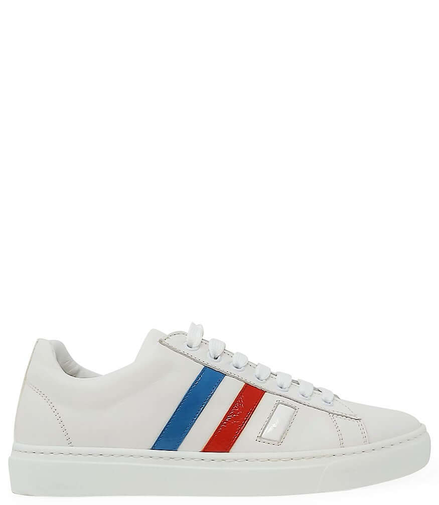 Side view of a white leather sneaker for women with blue and red stripe detail and white laces.