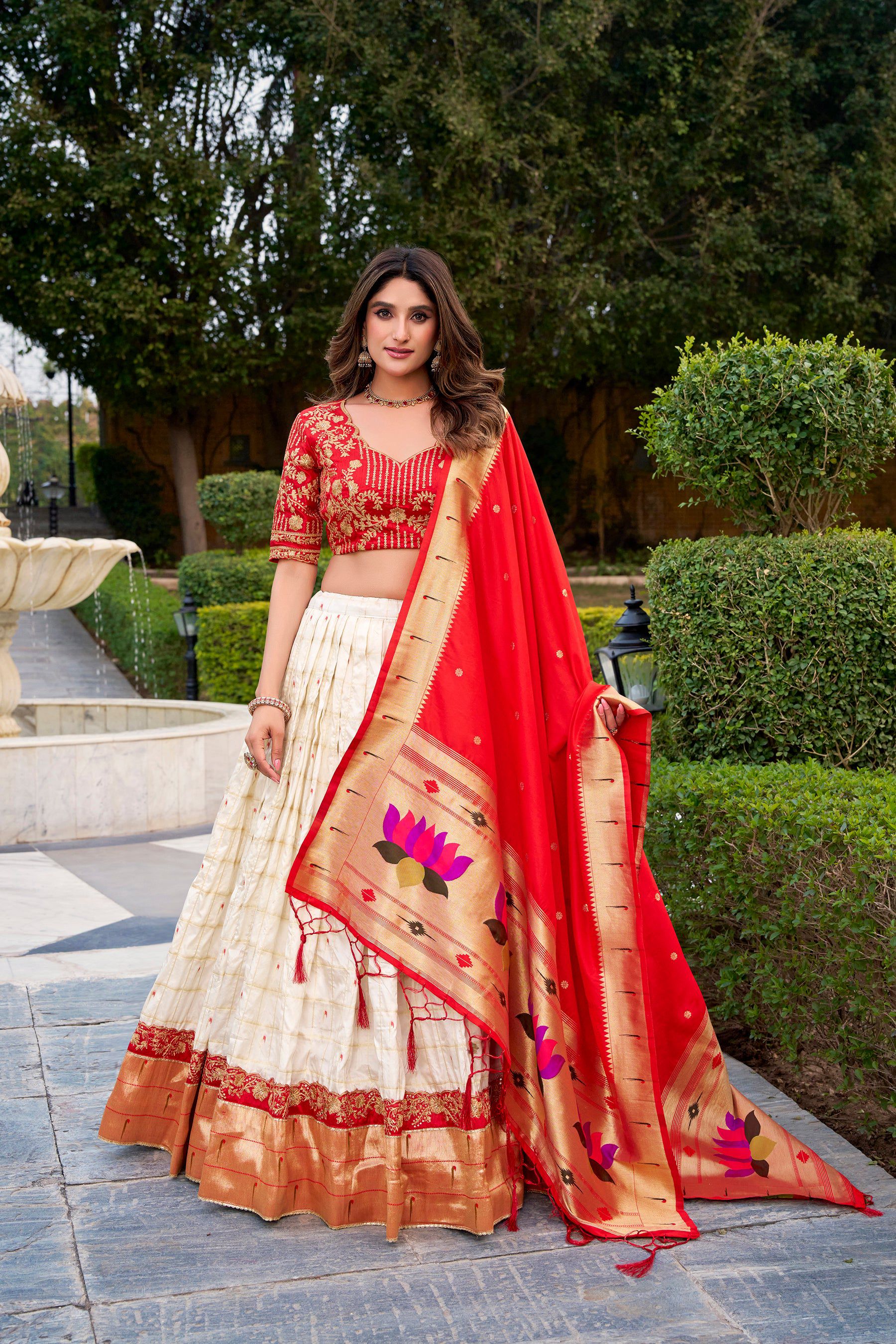 White Silk Paithani Lehenga Choli with Zari and Embroidery