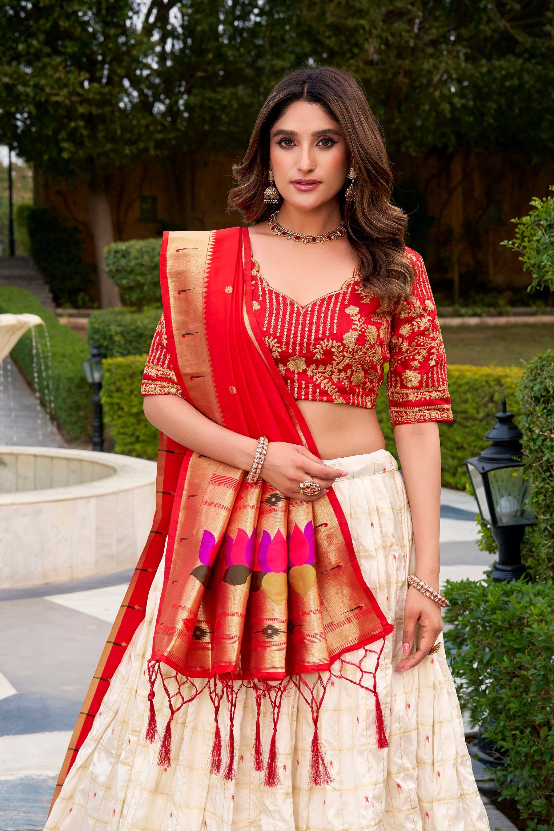 White Silk Paithani Lehenga Choli with Zari and Embroidery