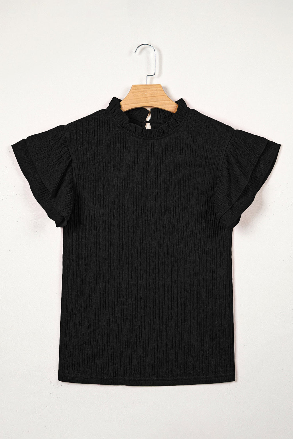 Solid Textured Ruffle Trim Short Sleeve Blouse - Feminine Top