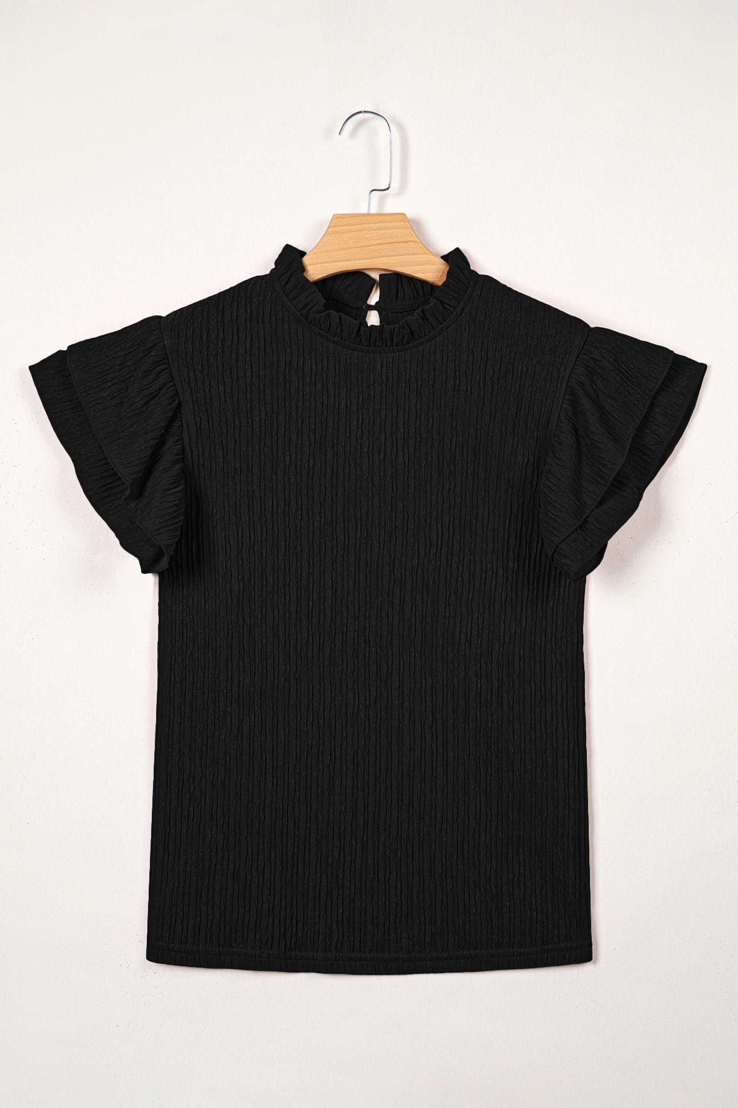Solid Textured Ruffle Trim Short Sleeve Blouse - Feminine Top