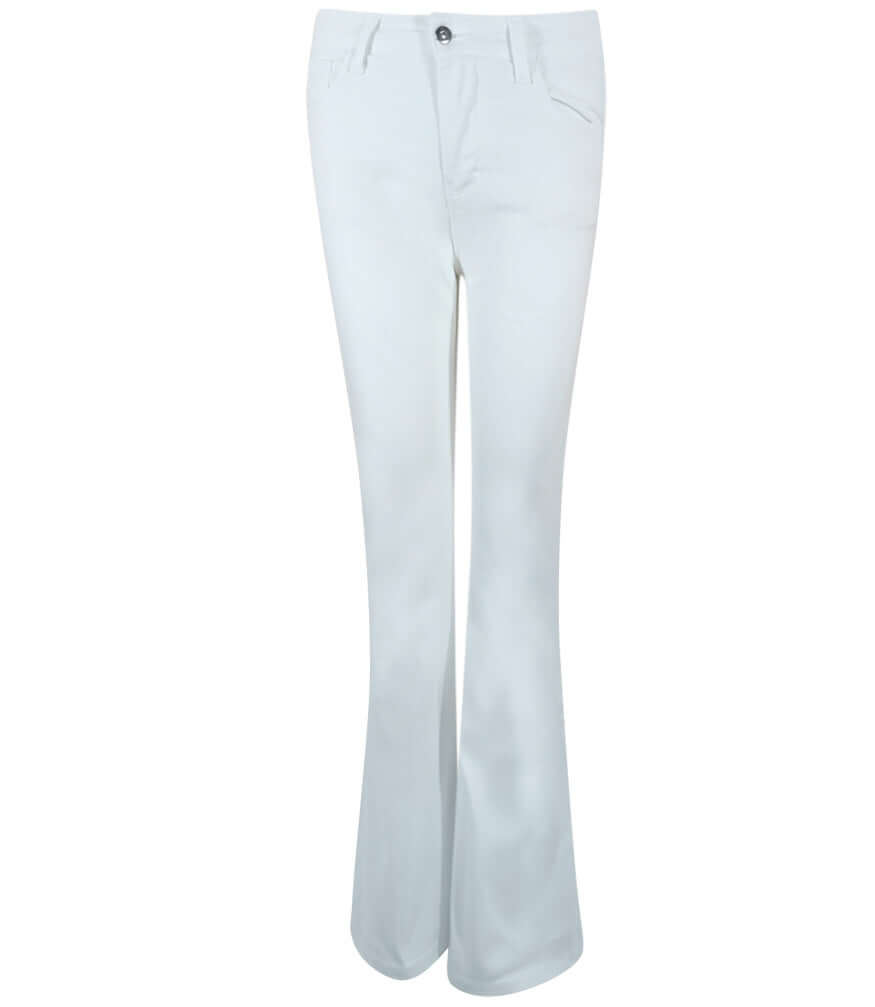 High-waist white denim jeans with a gold glitter star detail on the back pocket