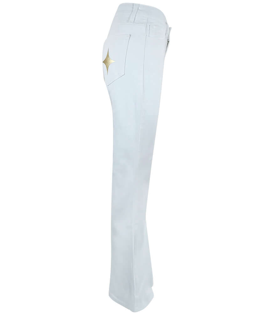 Women's High Waist White Denim Jeans with Gold Glitter Star Detail - Image 2