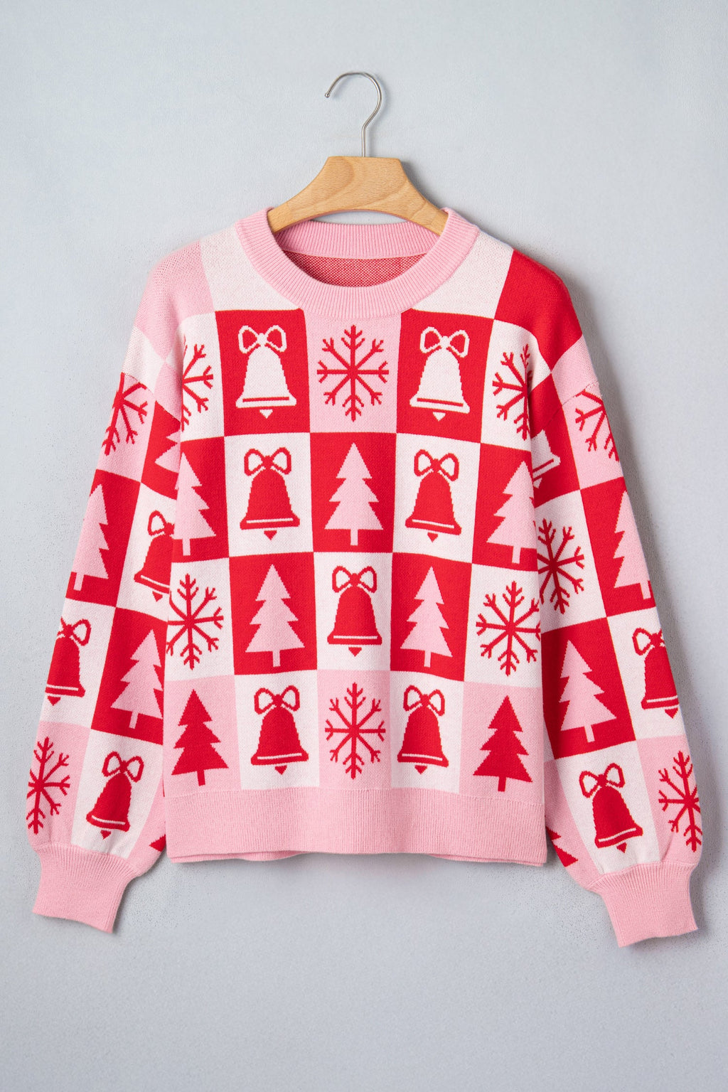 Christmas Checker Round Neck Long Sleeve Sweater
