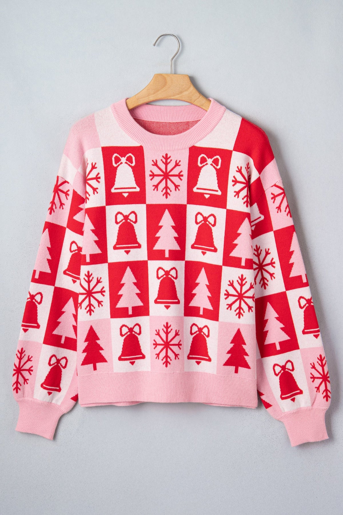 Christmas Checker Round Neck Long Sleeve Sweater