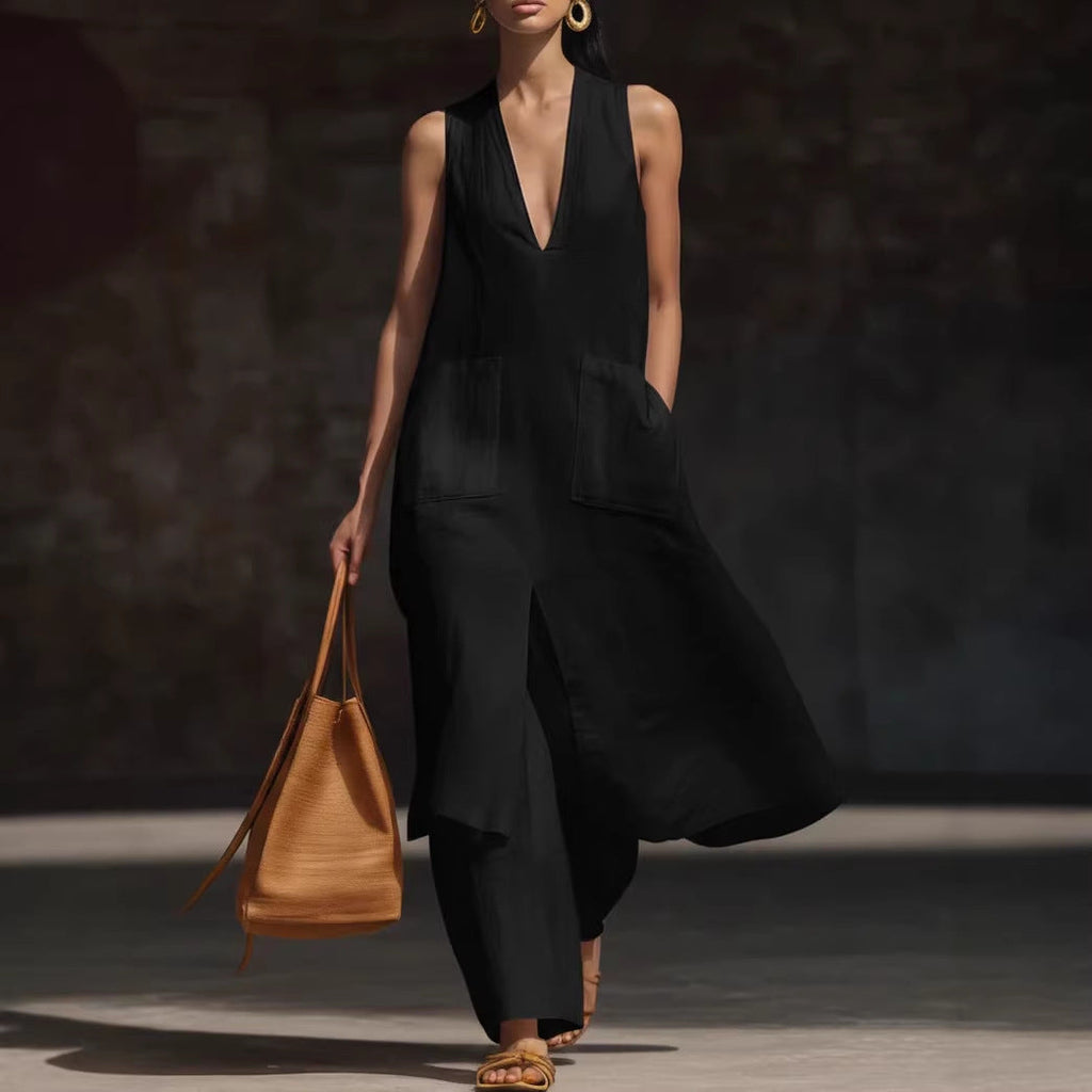 Women's V-Neck Sleeveless Linen Tunic and Wide Leg Pant Set - Image 3