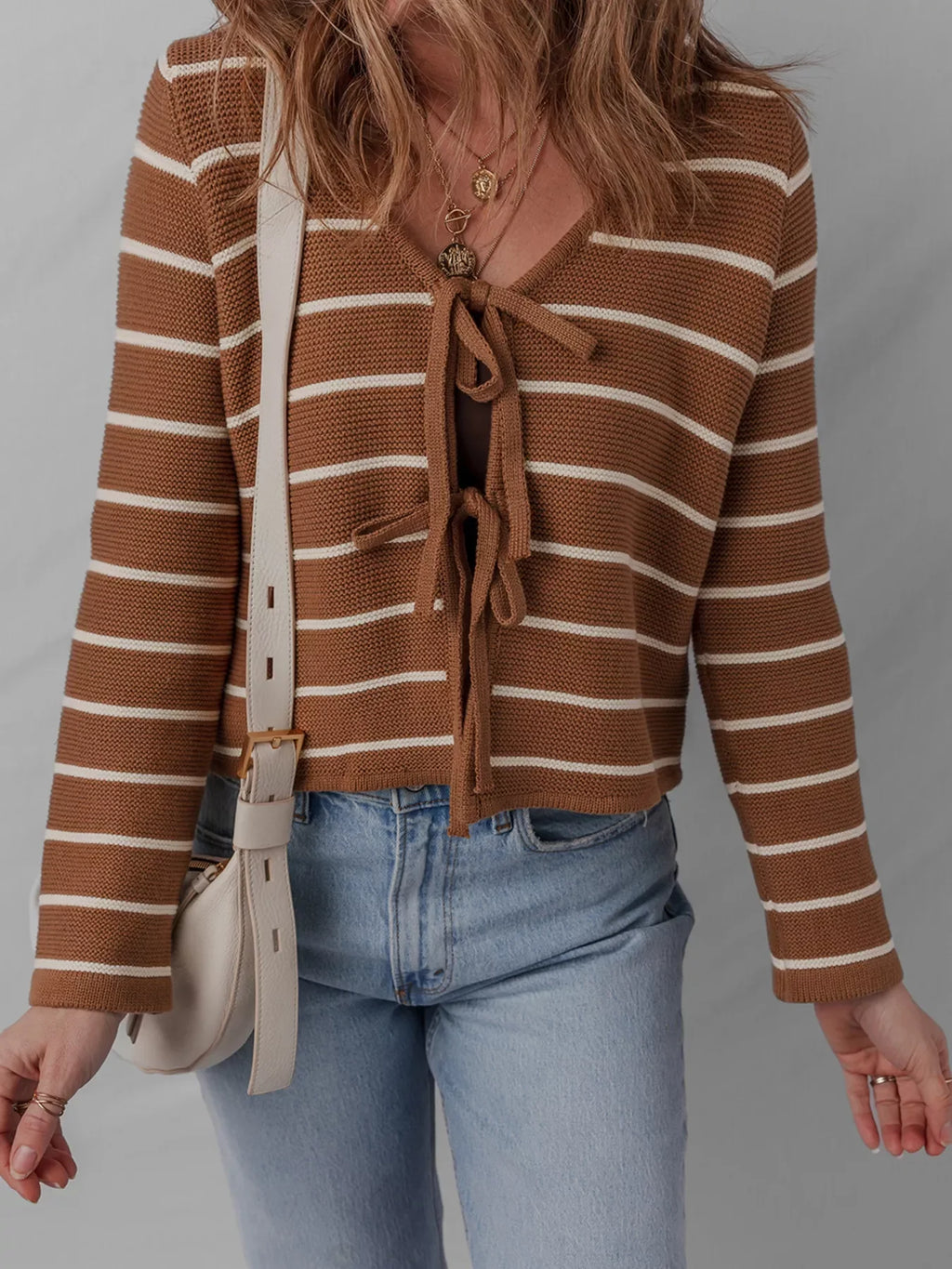 Tie Front Striped Knit V Neck Cardigan