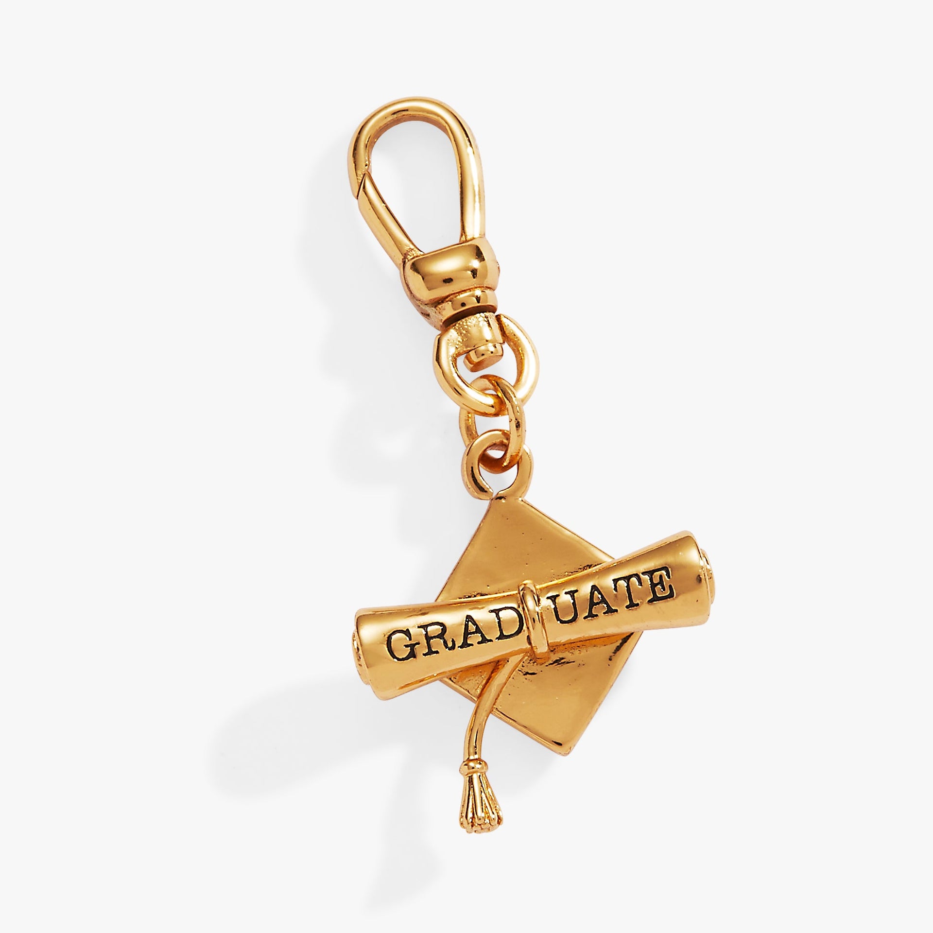 Bright gold graduation cap and diploma fob charm with a swivel lobster clip.