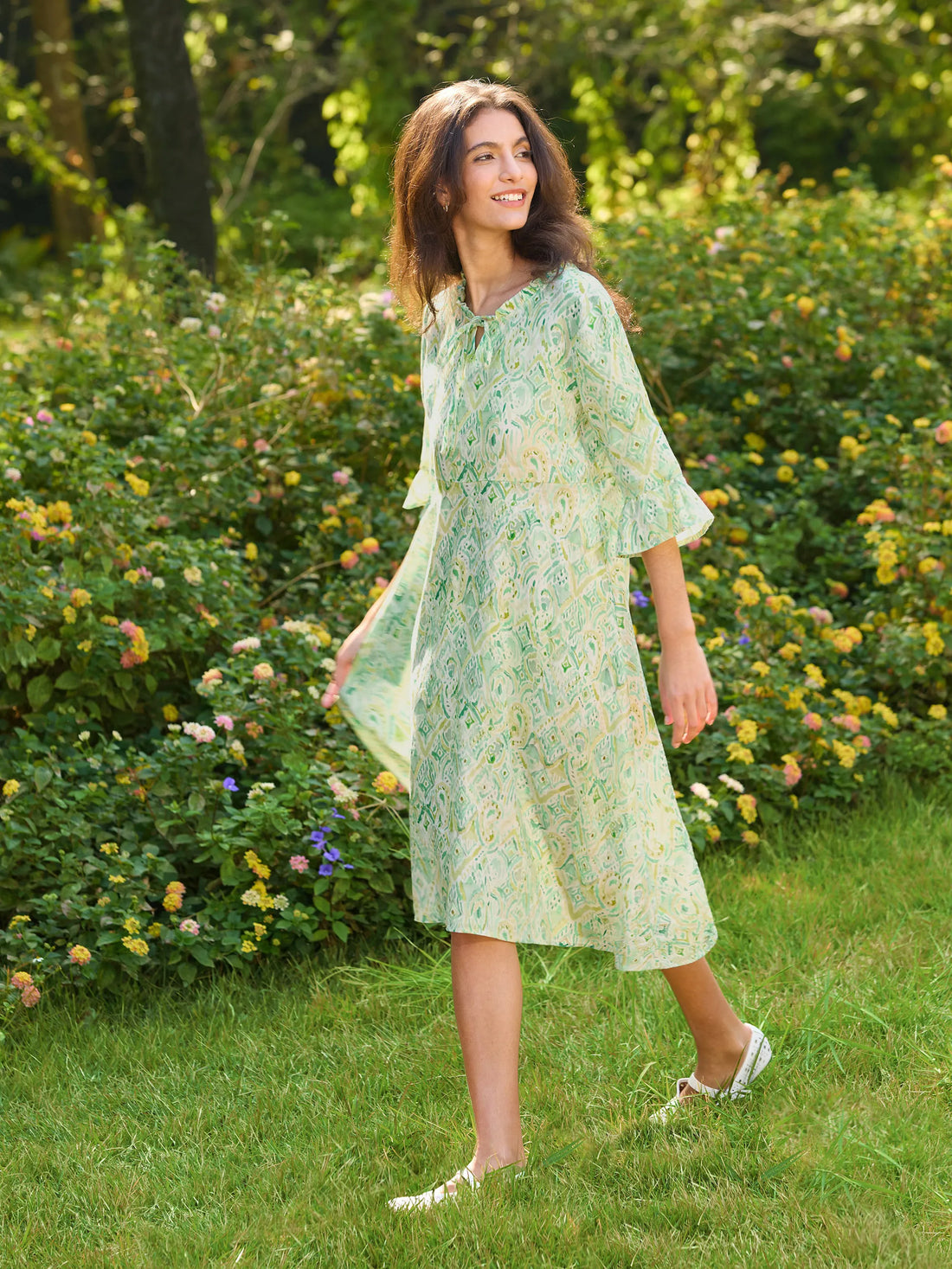 100% Linen A-Line Ruffled Collar Tie-Neck Midi Dress LIVIA
