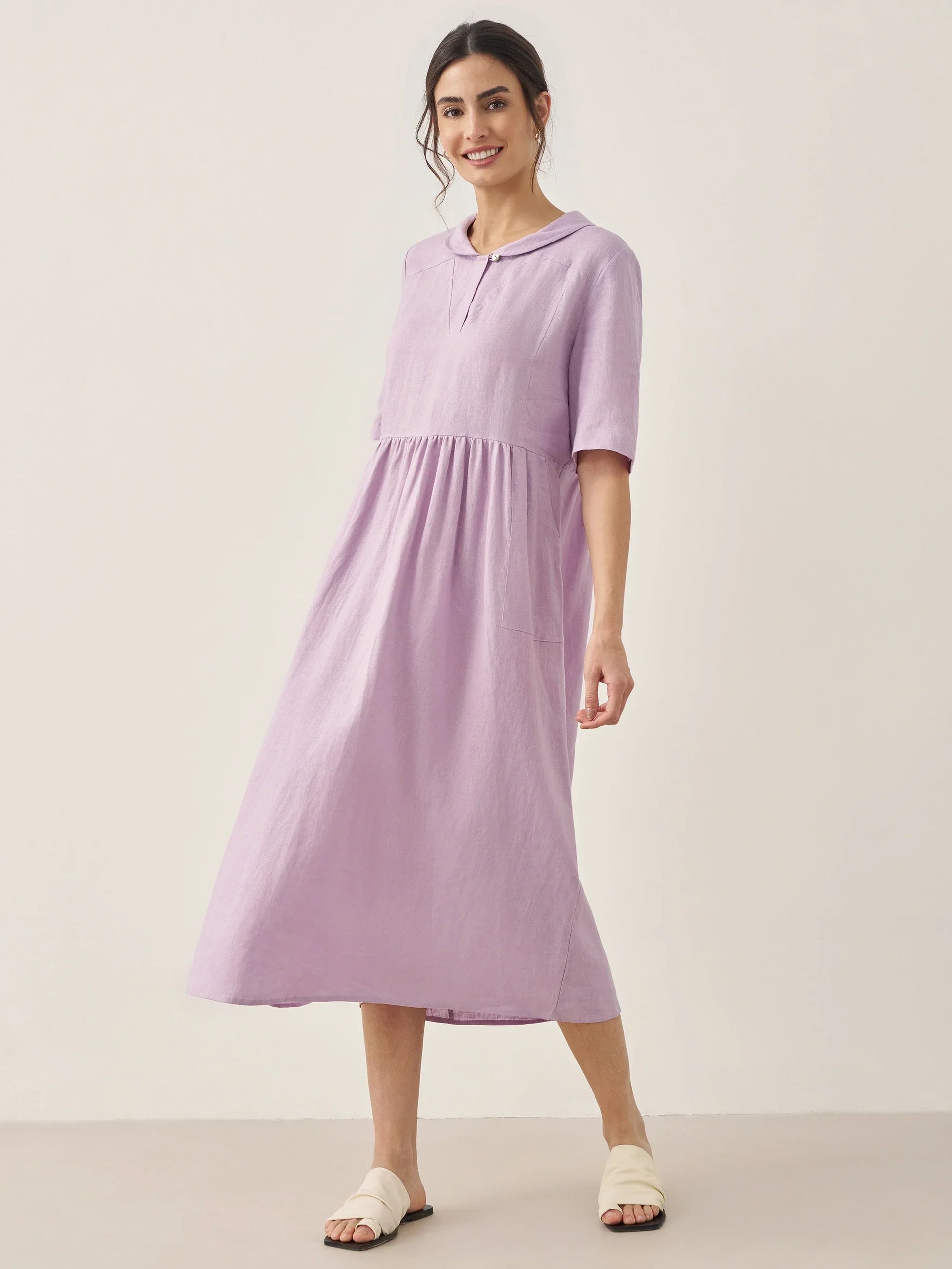 100% Linen Shawl V-Neck Pleated Maxi Dress SUSAN